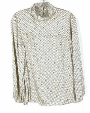 Pendleton Size 8 Ivory/Gray Geometric Silk Designer Top-Long Sleeve